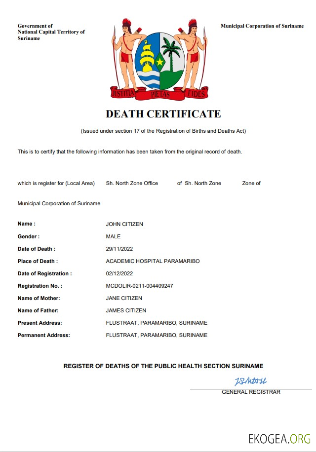 Modèle Word et PDF de certificat de décès au Suriname